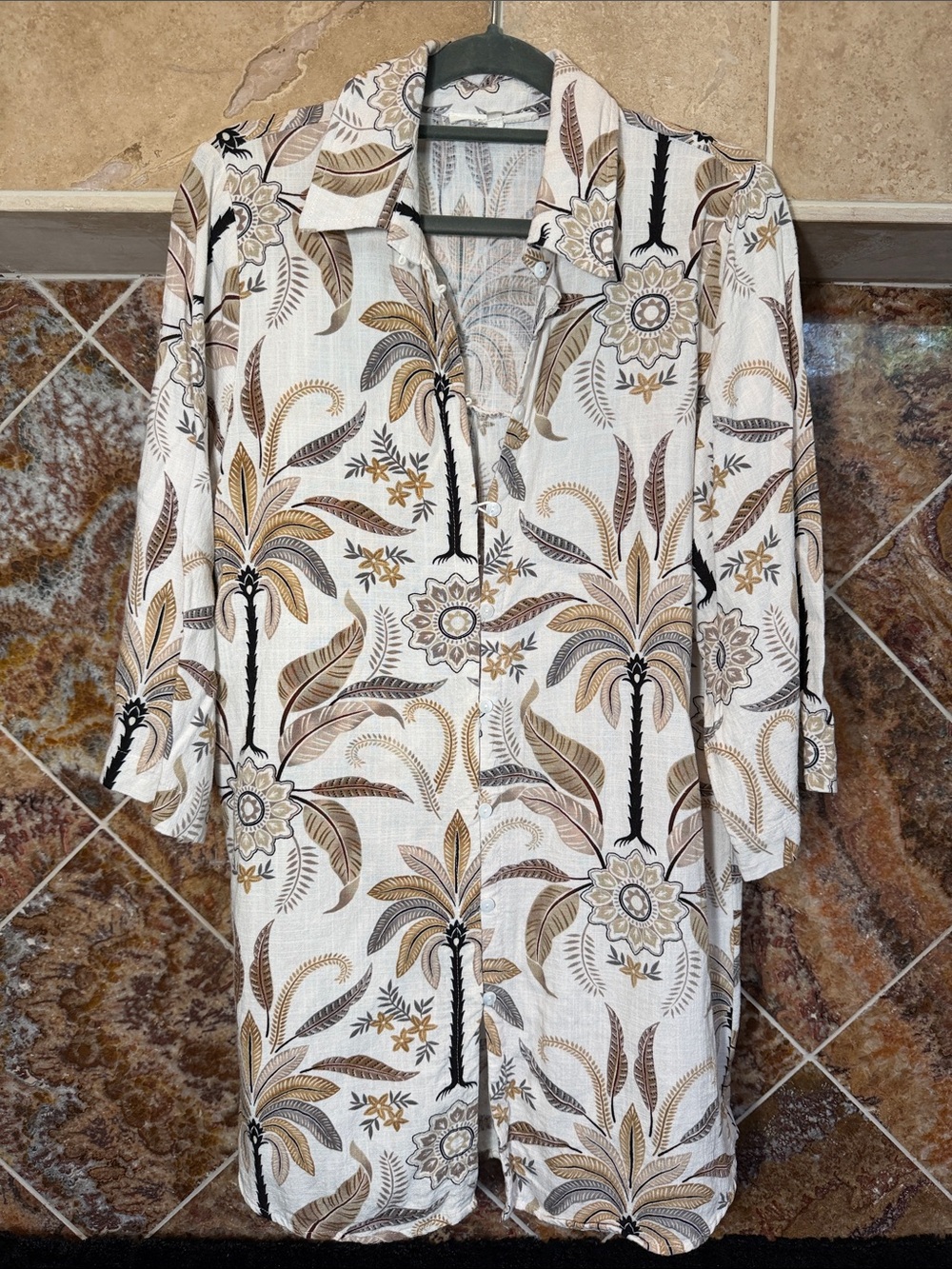 Label of Love Beige Brown Palm Floral Safari Button Front Tunic Dress Small - Picture 1 of 7